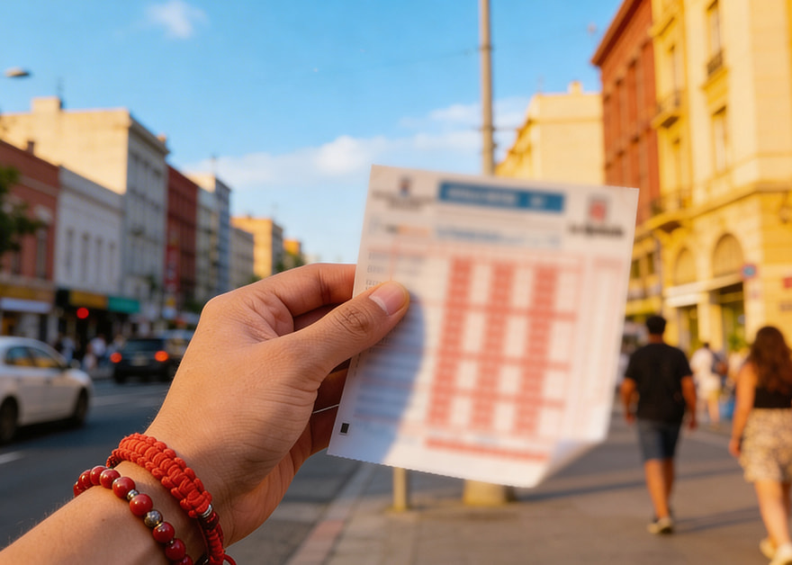 Mano sosteniendo boleto de quiniela en una calle de ciudad.