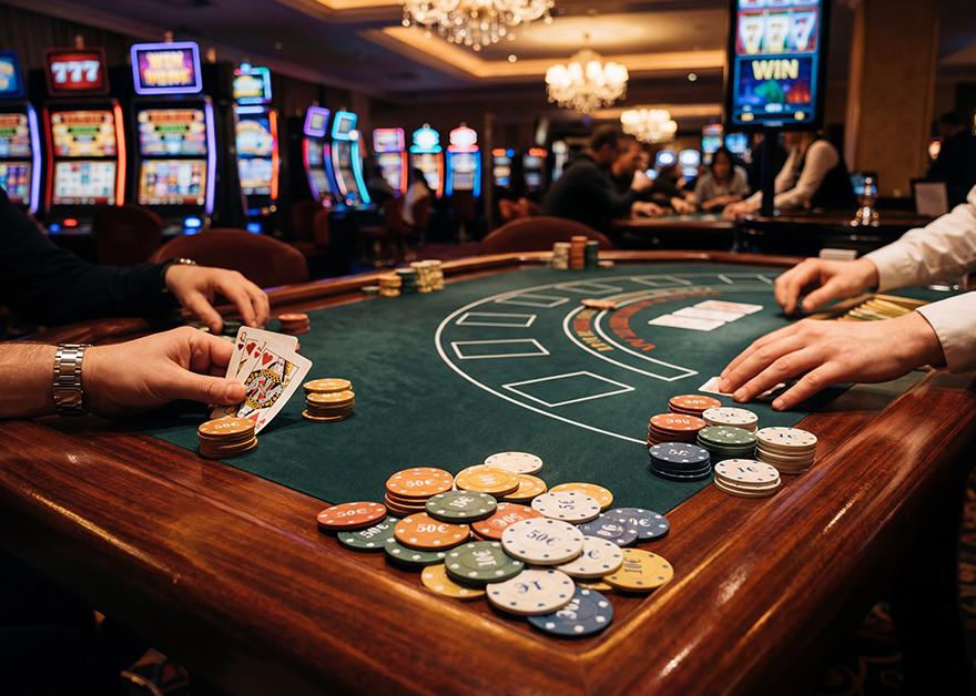 Jugadores de póker con cartas y fichas en una mesa de casino.