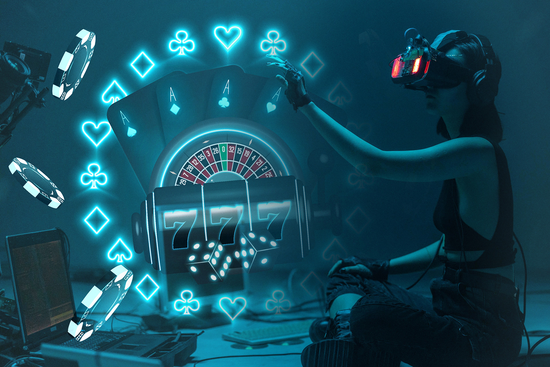 Mujer con visor de realidad virtual junto a ruleta y una tragaperra.