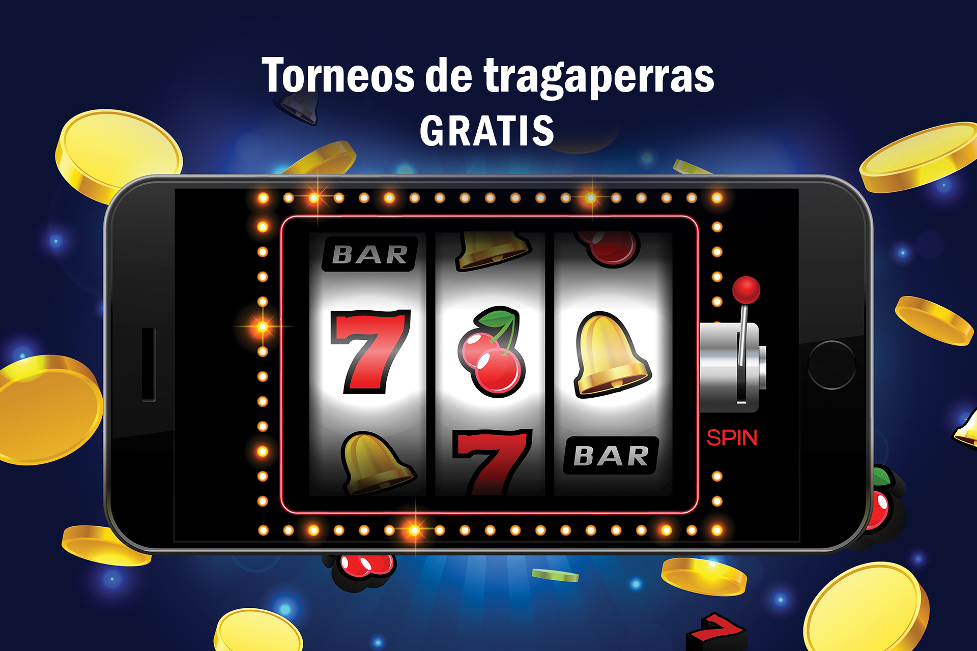 Móvil con tragaperras y monedas doradas alrededor.
