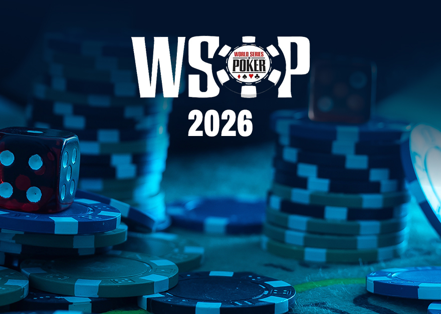 Fichas de póker y dados con texto WSOP 2026.
