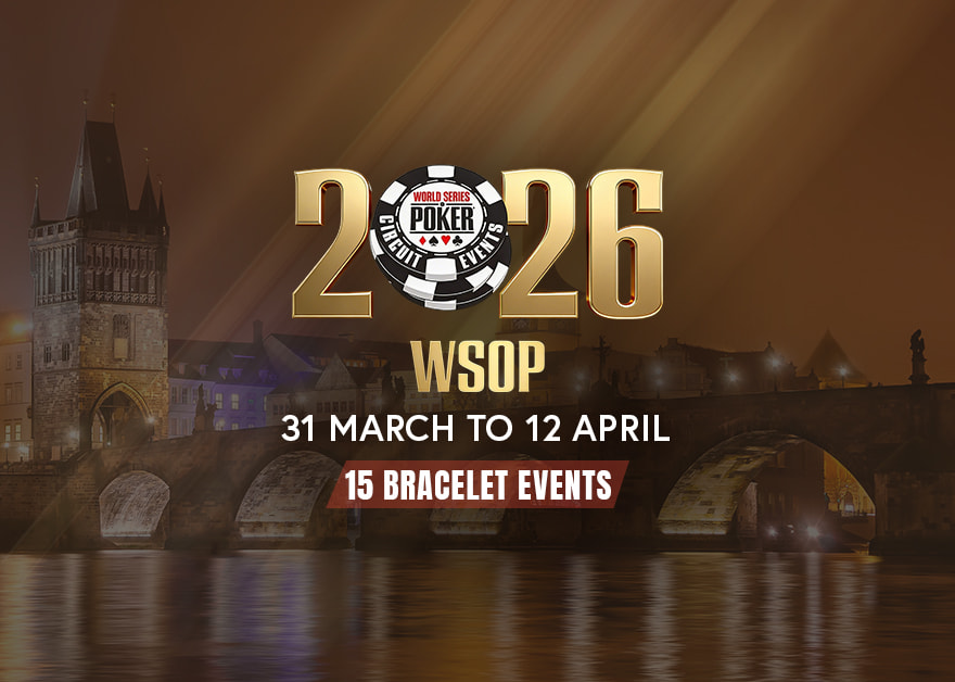 Cartel promocional WSOP Europe 2026 con fechas y puente iluminado de Praga.