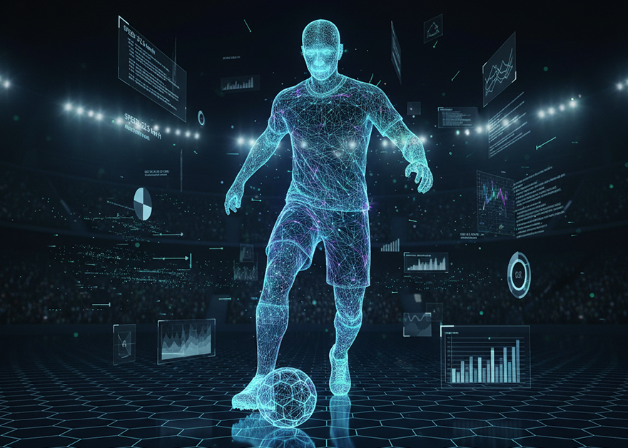 Jugador de fútbol digital con gráficos y estadísticas alrededor.