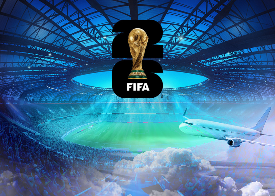 Estadio de fútbol con trofeo FIFA y avión en el cielo.