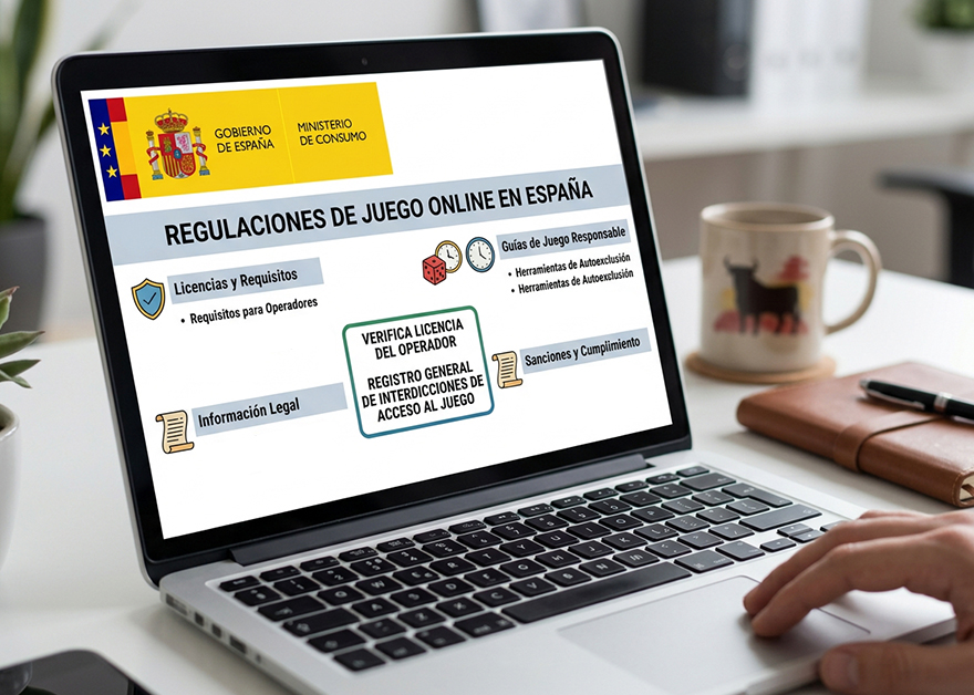 Portátil mostrando información sobre regulaciones del juego online en España.