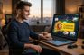 Hombre usando portátil con casino online y mensaje del Gobierno de España.