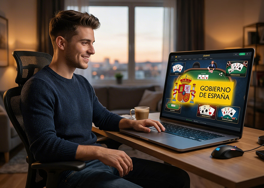 Hombre usando portátil con casino online y mensaje del Gobierno de España.