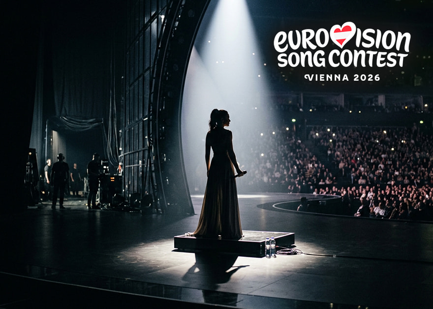 Cantante de espaldas en un escenario con logo de Eurovisión Viena 2026.