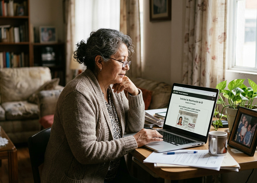 Mujer mayor usando portátil en casa con documentos y formulario en pantalla.