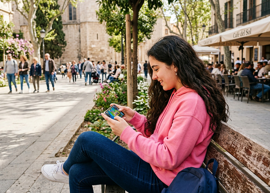 Joven sentada en banco usando móvil en una calle urbana.