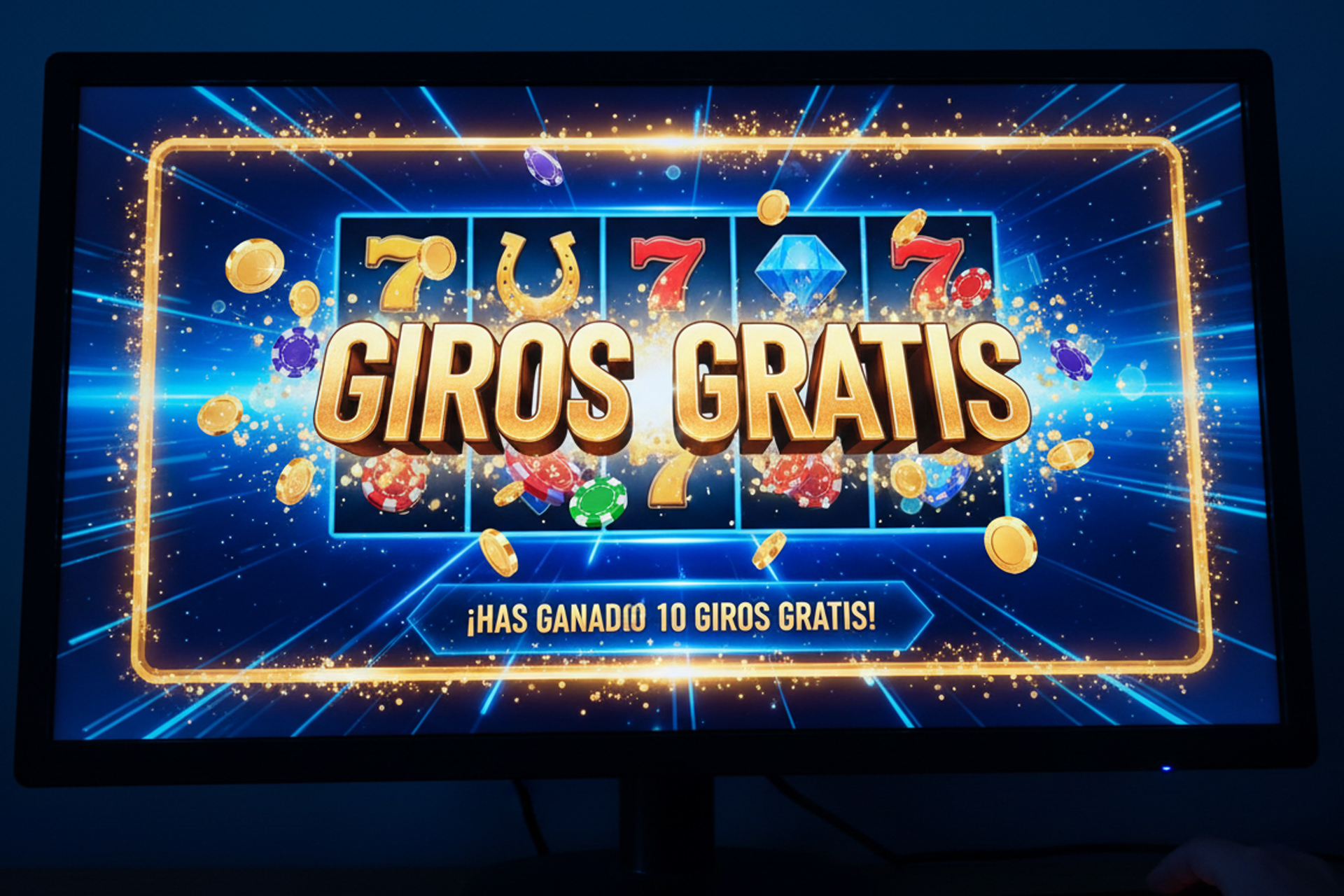 Pantalla de tragaperras con texto giros gratis y monedas.