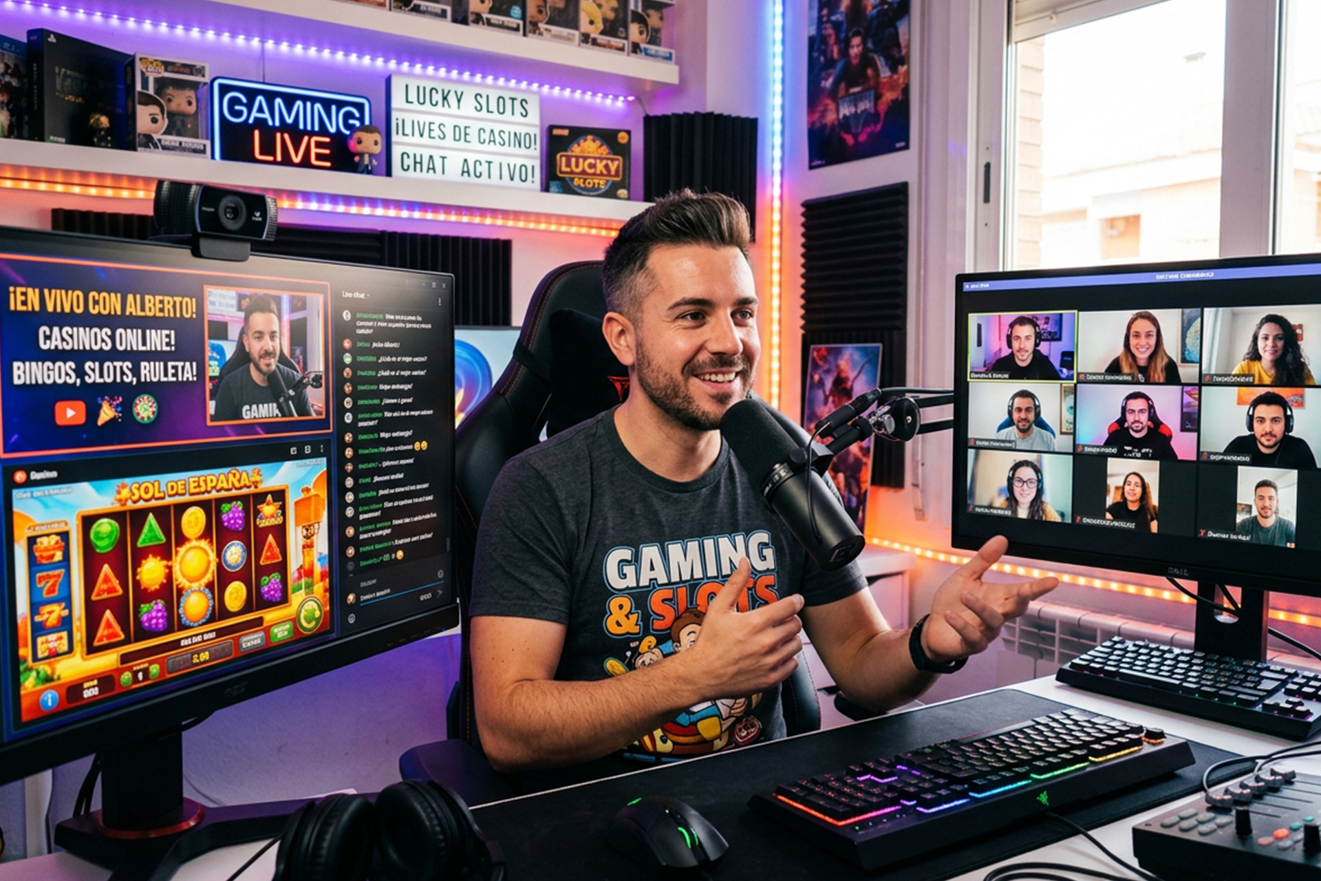 Streamer hablando ante micrófono con pantallas de casino online y videollamada.