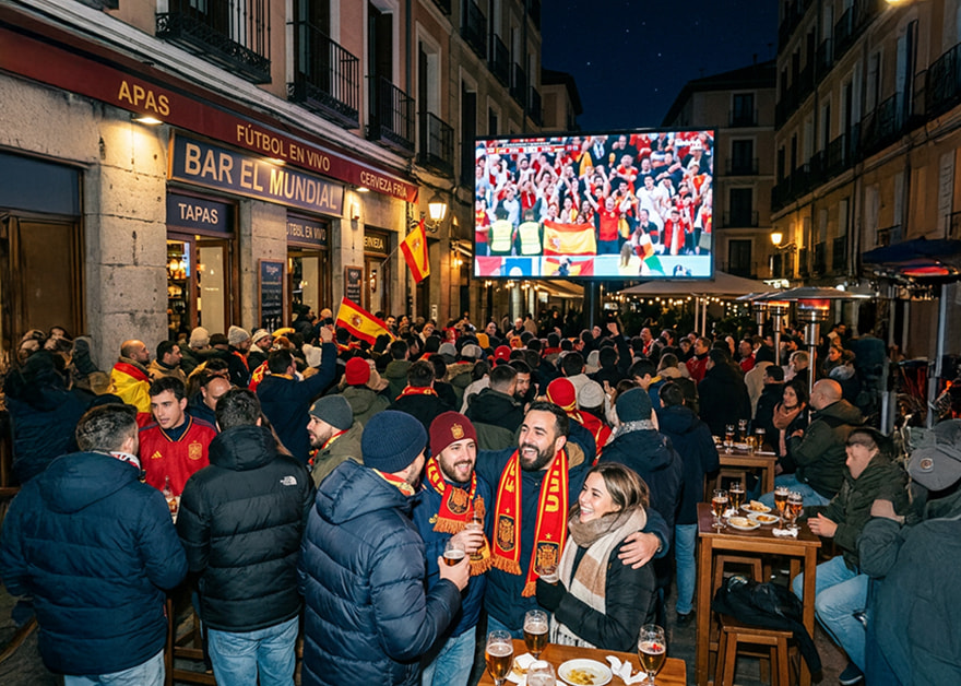 Multitud de aficionados viendo un partido en pantalla gigante en una plaza con bar.