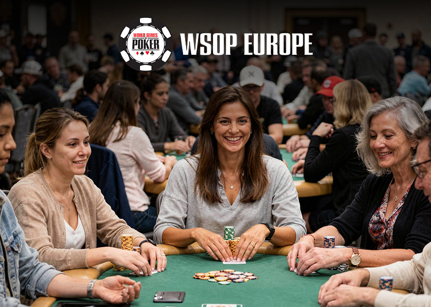 Mesa de póker con varias mujeres jugando fichas en un torneo WSOP Europe.