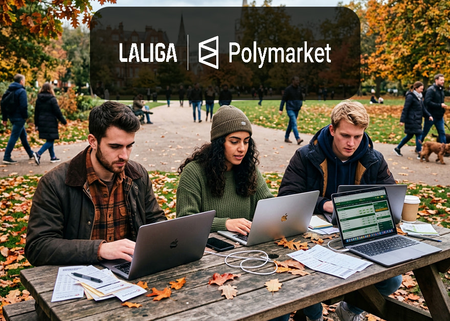 Tres personas usando portátiles en un parque con el logo de LaLiga y Polymarket.