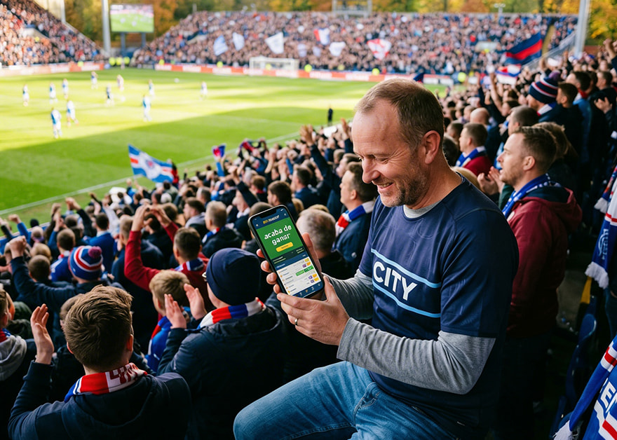 Hombre en estadio consultando apuestas deportivas en su móvil.