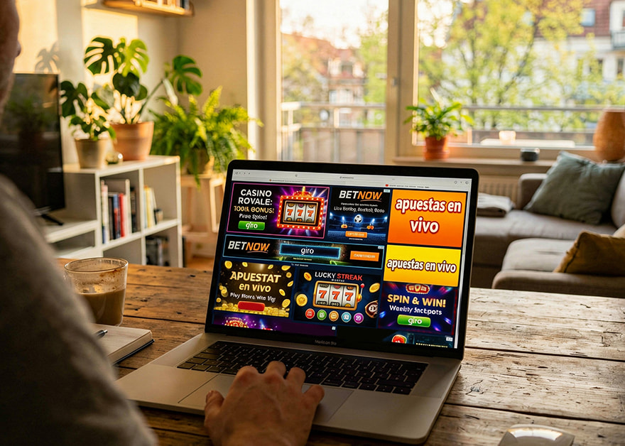 Persona usando portátil con página de casino online.