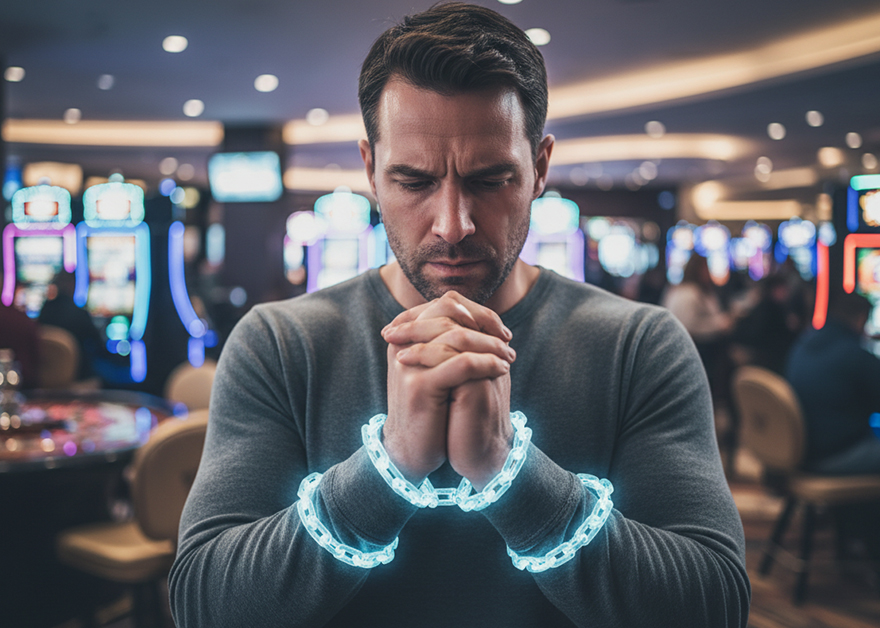 Hombre con manos juntas y cadenas luminosas en un casino.