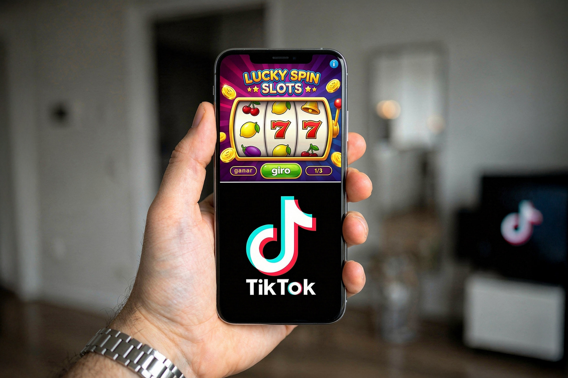 Mano sosteniendo móvil con juego de tragamonedas y logo de TikTok.