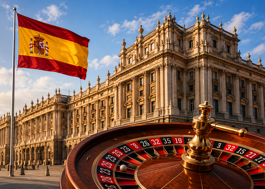 Bandera de España junto a ruleta y edificio institucional gubernamental.