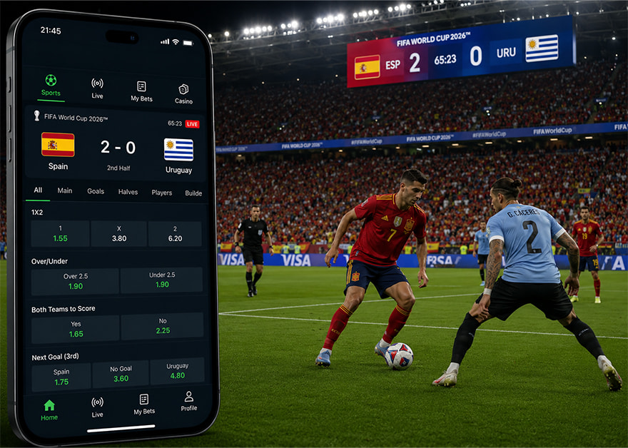Aplicación móvil de apuestas mostrando un partido del Mundial 2026 entre España y Uruguay.