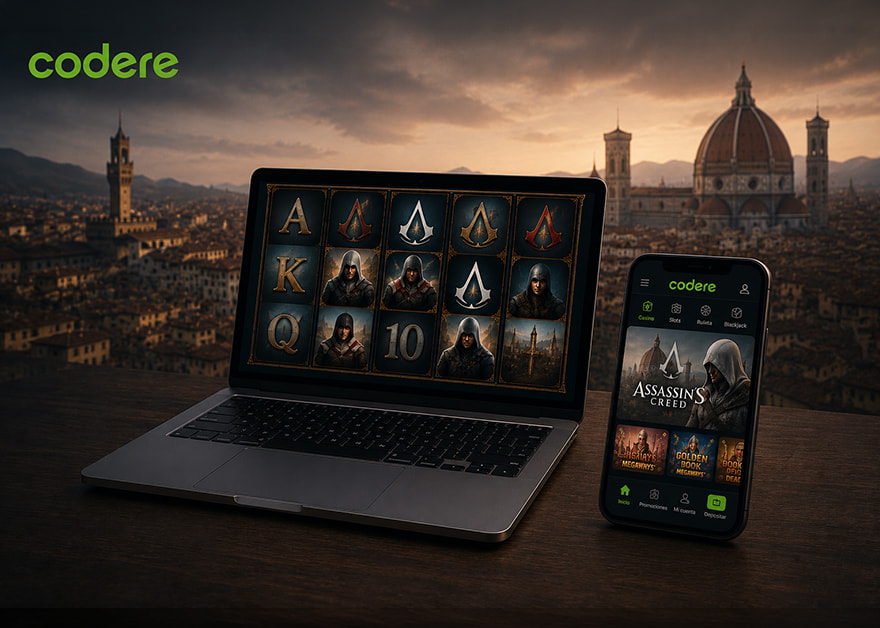 Portátil y móvil con tragamonedas de Assassin’s Creed y logo de Codere.