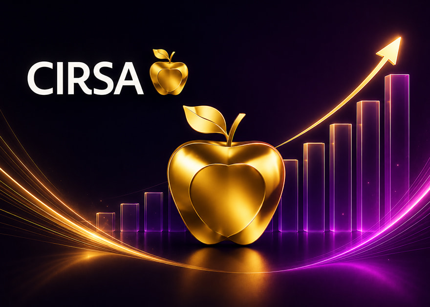 Logotipo de CIRSA junto a una gráfica ascendente y manzanas doradas sobre fondo oscuro.