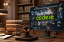 Pantalla con Codere en escritorio con mazo judicial y libros.