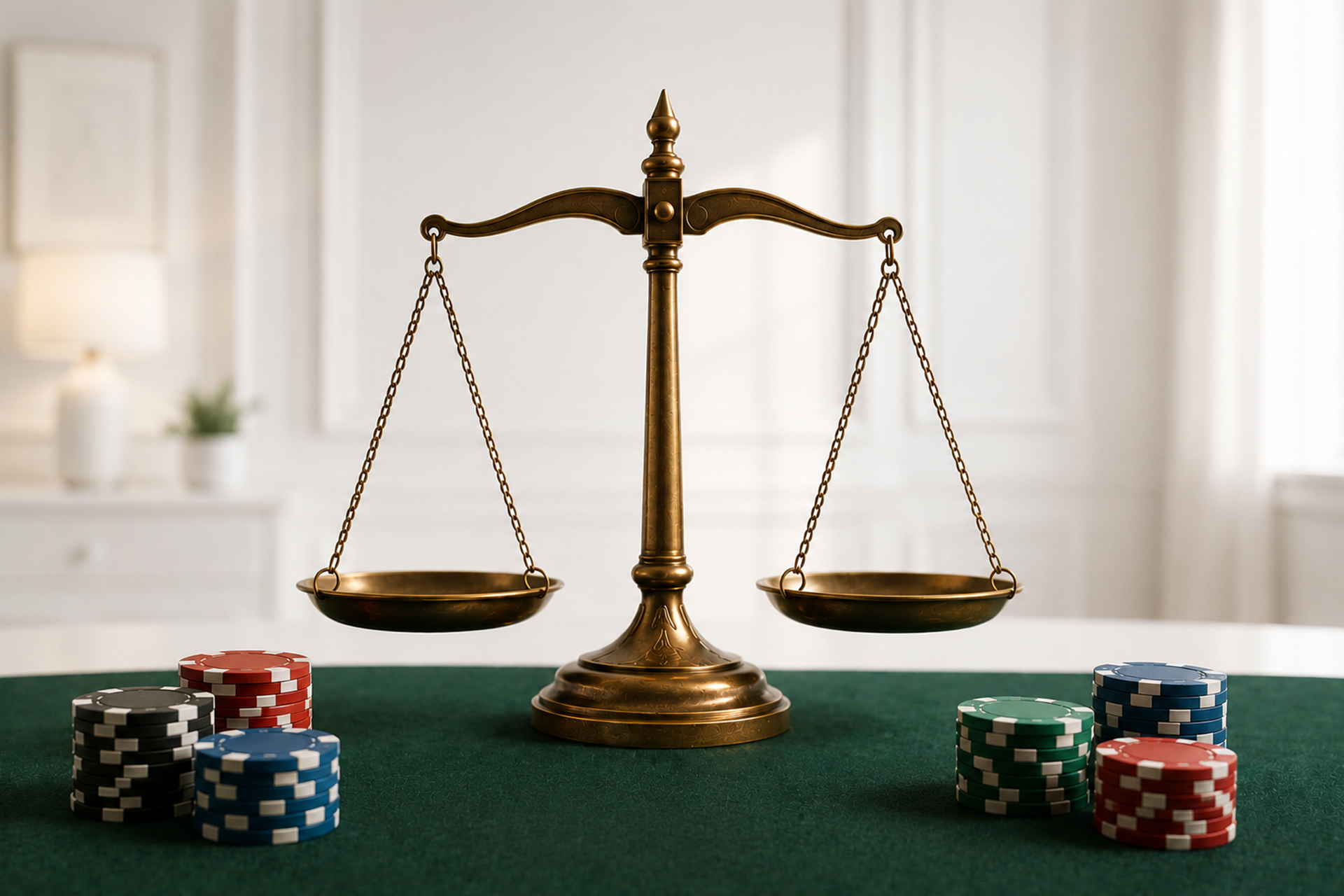 Balanza dorada sobre mesa de casino con fichas de póker.