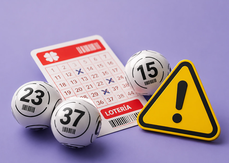 Bolas y boleto de lotería junto a señal de advertencia amarilla.
