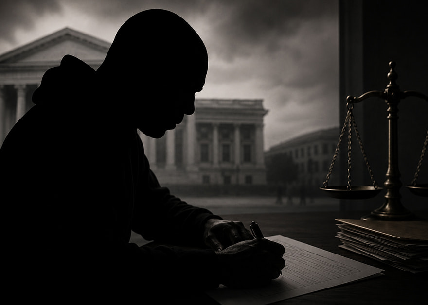 Silueta de un hombre escribiendo frente a un edificio judicial y una balanza