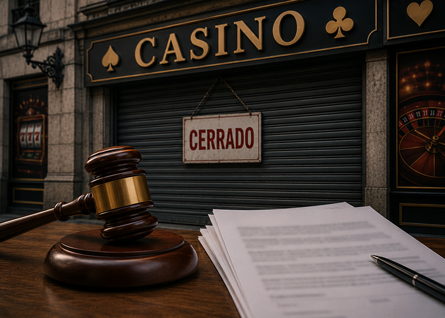 Casino cerrado con mazo judicial y documentos sobre la mesa.