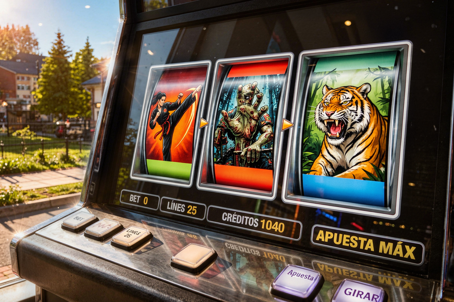 Máquina tragamonedas con símbolos de luchador, zombi y tigre.