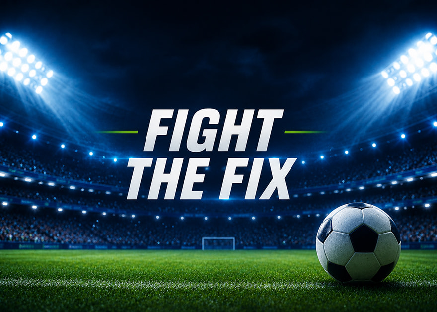 Balón en estadio iluminado con mensaje “Fight The Fix”.