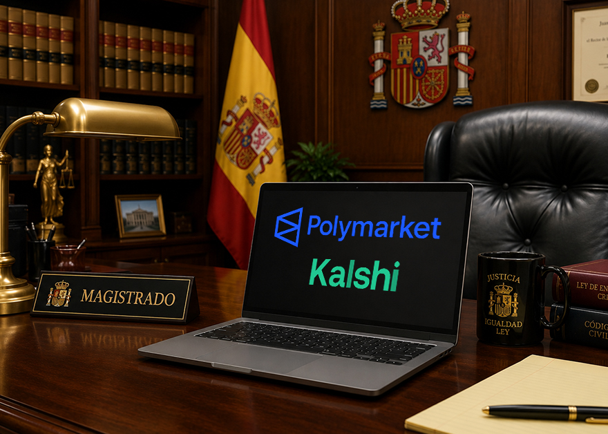 Portátil en despacho oficial español mostrando los logos de Polymarket y Kalshi bloqueados por el Ministerio de Consumo.