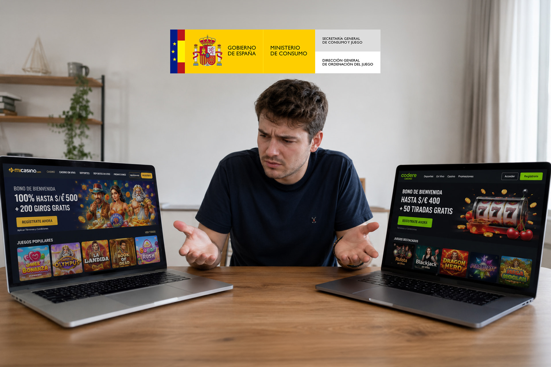 Usuario indeciso entre dos casinos online con el sello de la DGOJ del Gobierno de España