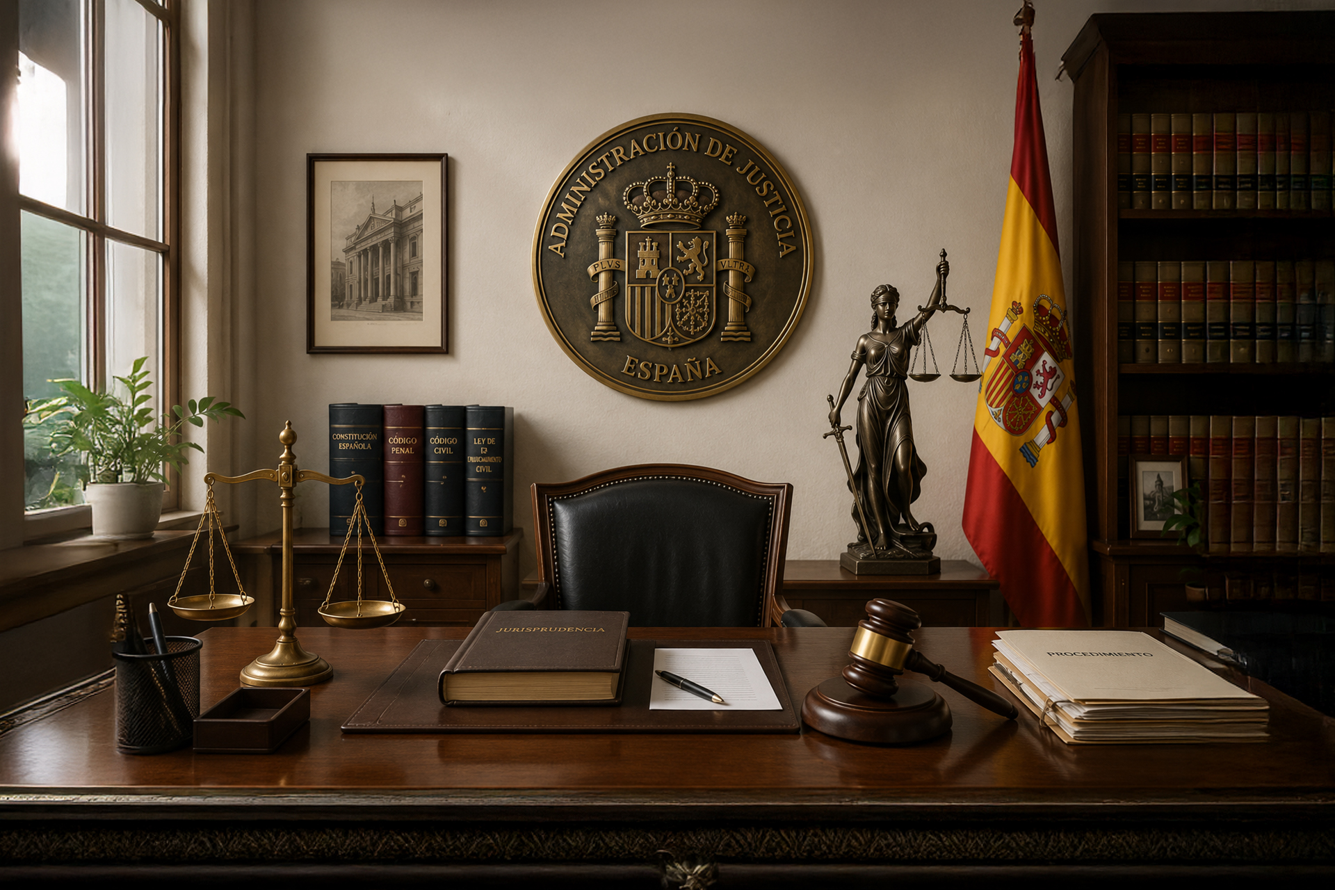 Despacho judicial con escudo de la Administración de Justicia de España, martillo de juez y balanza sobre la mesa.