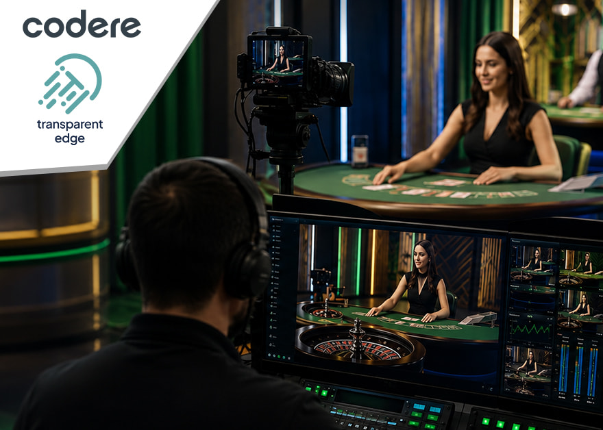 Estudio de casino en directo de Codere con cámara, crupier y monitores de control de emisión