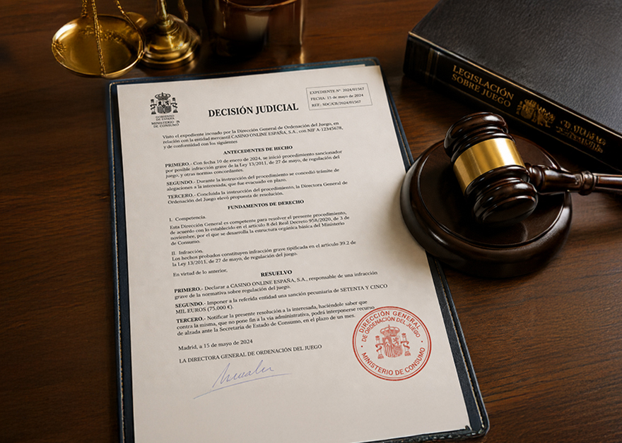 Documento de sanción de la DGOJ junto a un mazo judicial y legislación sobre juego