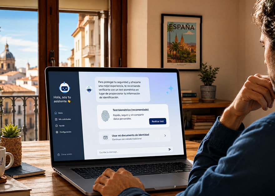 Hombre consultando un chatbot con verificación biométrica en portátil, ilustrando el uso de IA en plataformas de juego online.