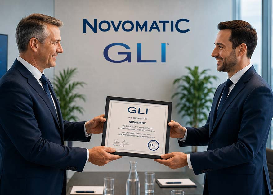 Entrega del certificado GLI de juego responsable a NOVOMATIC Spain entre dos directivos