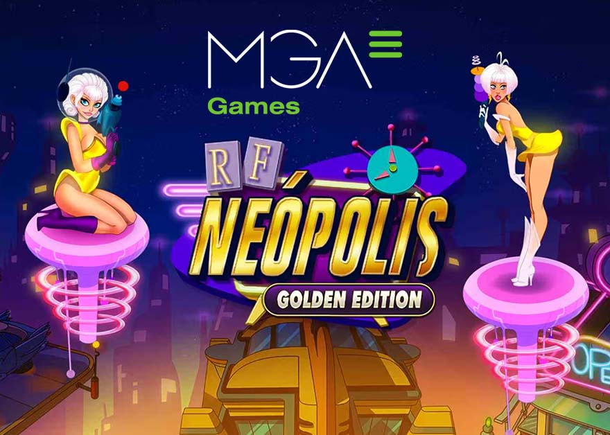 Arte de la slot RF Neópolis Golden Edition de MGA Games con estética retrofuturista y detalles dorados