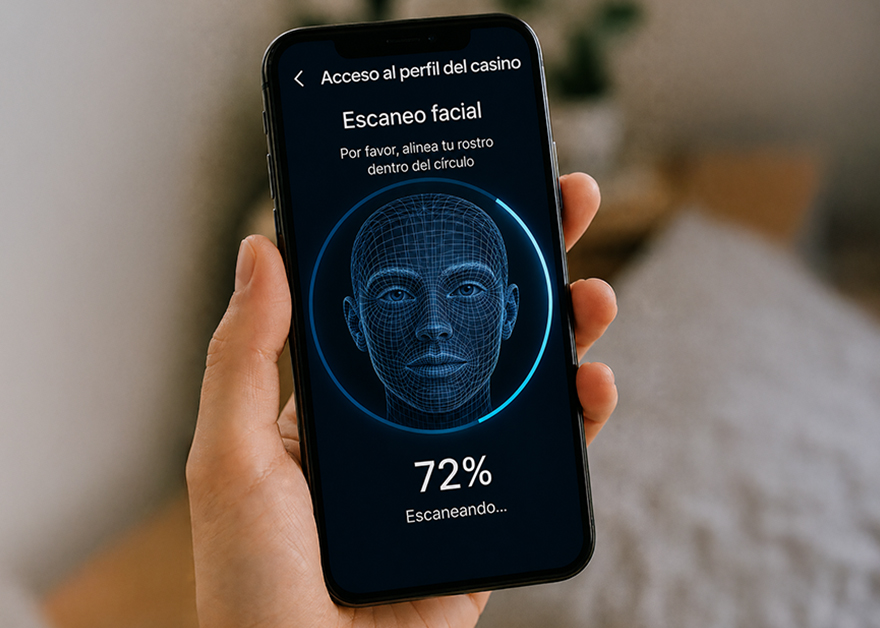 Teléfono móvil mostrando un proceso de verificación biométrica mediante escaneo facial