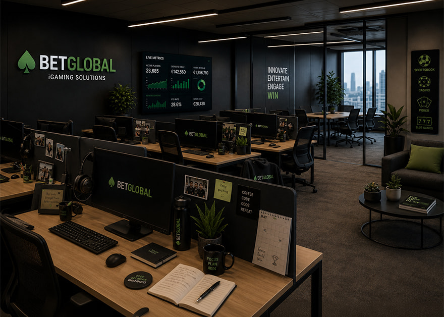 Oficina de una empresa de iGaming con la mayoría de los puestos de trabajo vacíos