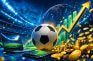 Balón de fútbol rodeado de monedas, gráficos al alza y dispositivos con apuestas en un estadio iluminado