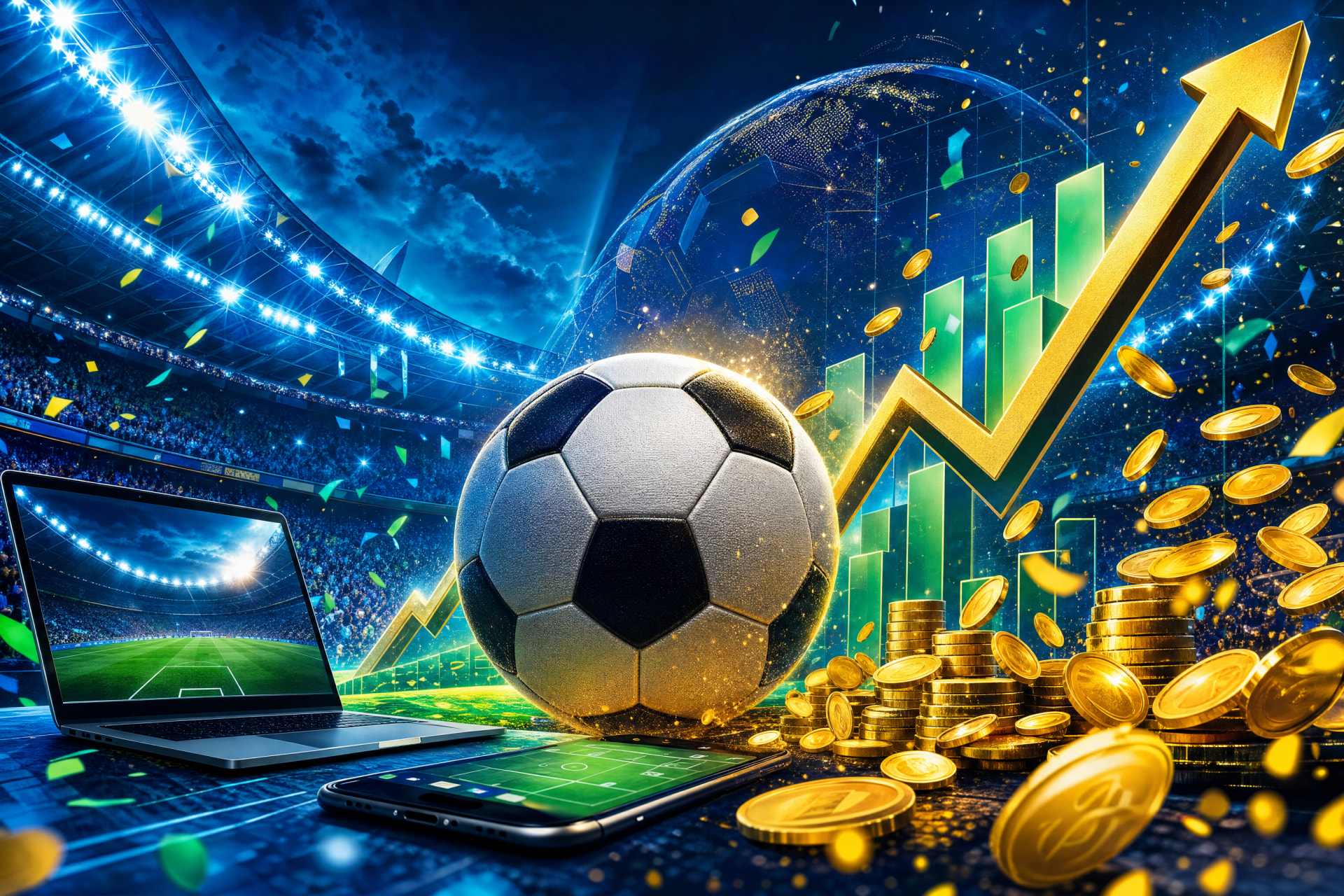 Balón de fútbol rodeado de monedas, gráficos al alza y dispositivos con apuestas en un estadio iluminado