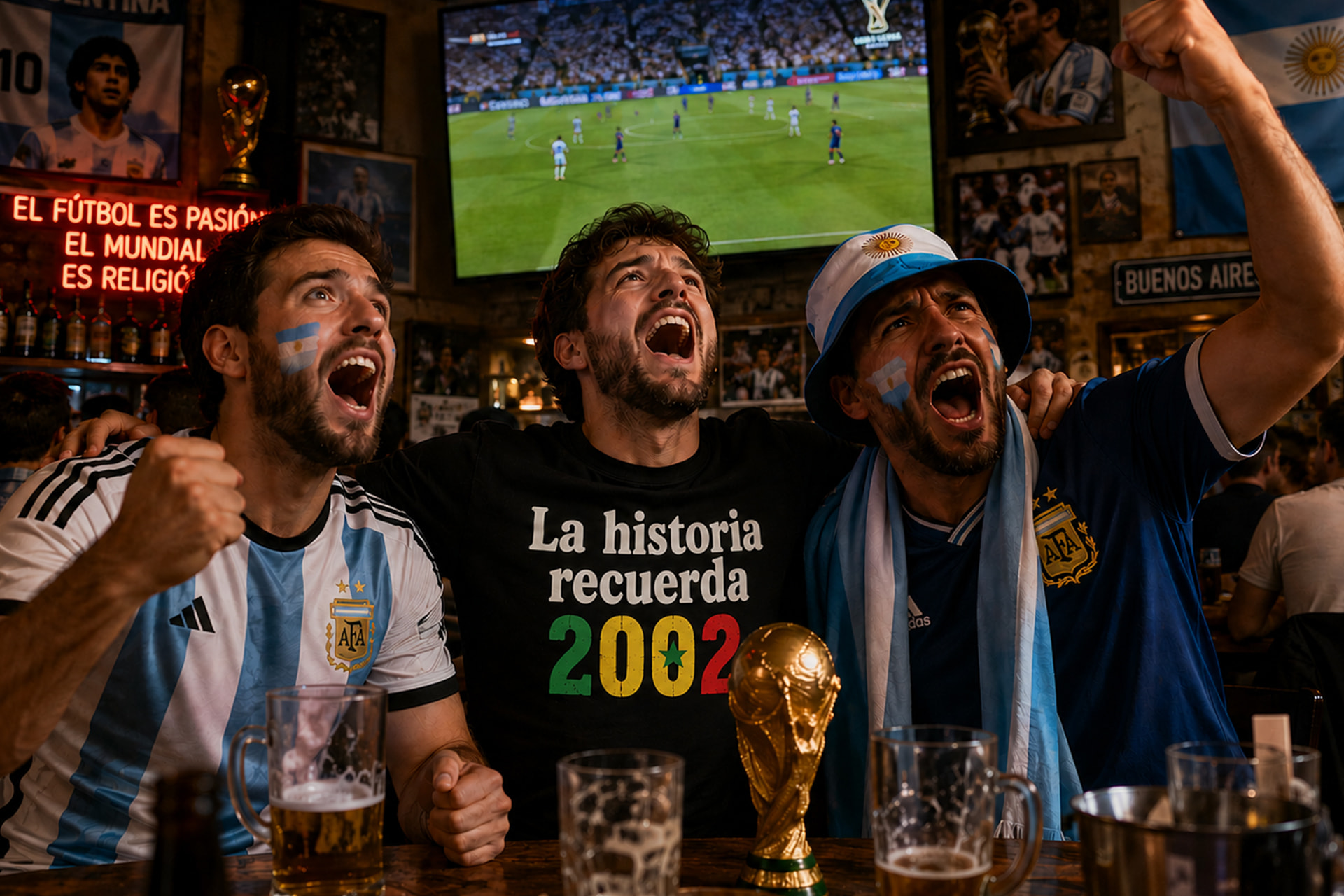 Aficionados celebran en un bar un partido del Mundial junto a una réplica del trofeo y una camiseta que recuerda 2002