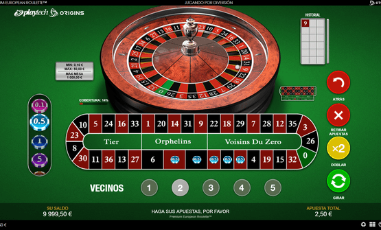 Mesa de ruleta europea con las apuestas a vecinos