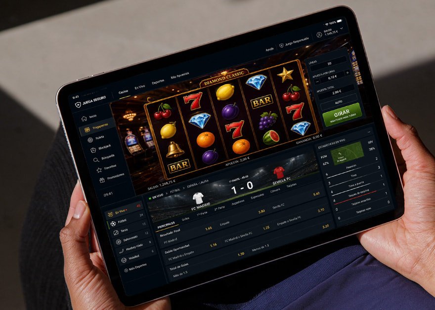 Tableta con una tragaperras y apuestas deportivas en vivo en una plataforma de juego online