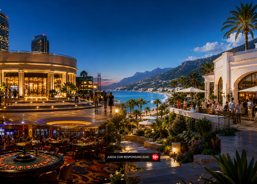 Casino de lujo con sala de juego iluminada, jardines y vistas al mar en noche de verano